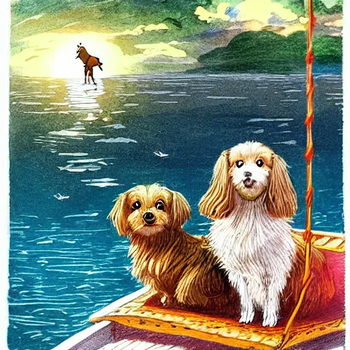 Image similar to a masterpiece detailed illustration of a very cute dog on a boat. the scene is detailed and beautiful, and combines the style of michael foreman, gyo fujikawa, and jane clarke.