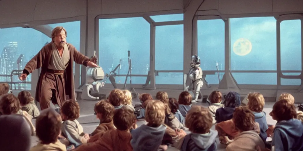 Prompt: A full color still of Mark Hamill as Jedi Master Luke Skywalker training a room full of young Jedi padawans, with large windows showing a sci-fi city outside, at dusk at golden hour, from Star Wars, directed by Steven Spielberg, 1990