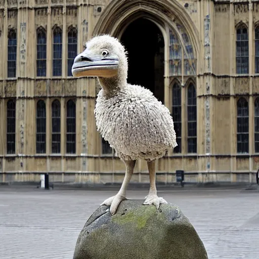 Prompt: a stone sculpture of boris johnson riding an ostrich outside the houses of parliament