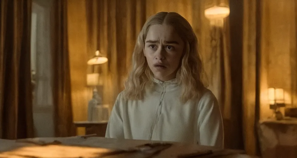 Image similar to Emilia Clarke in Hereditary (2018) high contrast lighting, night scene, blue and orange palette, film still