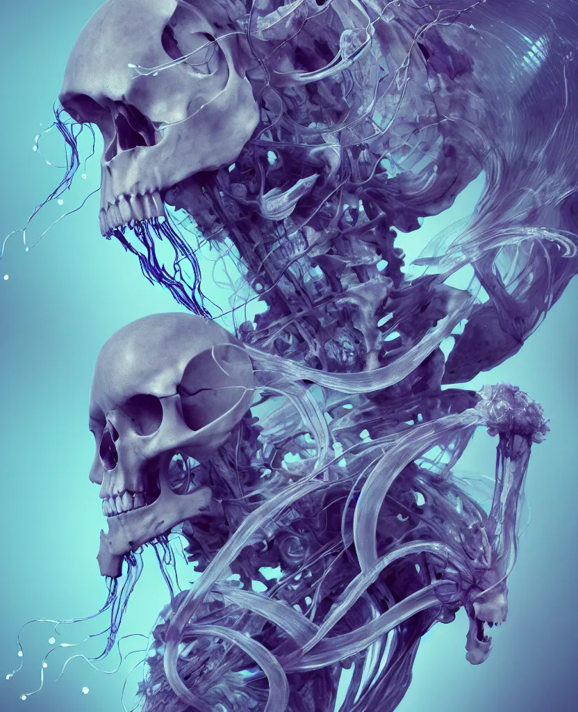 Image similar to goddess close-up portrait human skeleton, ram skull, skeleton, thorax, x-ray, backbone, jellyfish phoenix head, nautilus, orchid, skull, betta fish, bioluminiscent creatures, intricate artwork by Tooth Wu and wlop and beeple. octane render, trending on artstation, greg rutkowski very coherent symmetrical artwork. cinematic, hyper realism, high detail, octane render, 8k