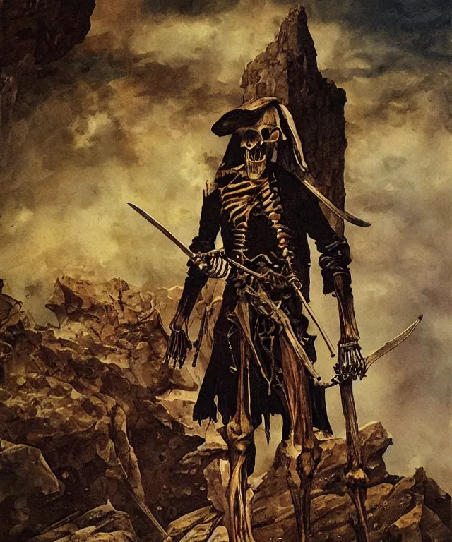 Image similar to ultra realistic color portrait painting of an skeletal 1 7 th century pirate with a sword in a grotto, dark, painted, brooding, atmospheric, seascape, lovecraft, horror, smooth, epic, highly detailed, cinematic, by angus mcbride