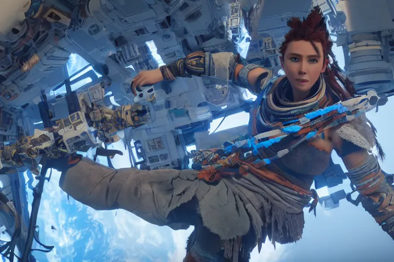 Prompt: cinematic picture of aloy from the horizon zero dawn videogame playing the guitar in the international space station, unreal engine 5
