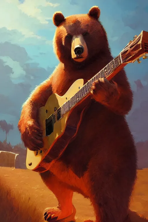 Prompt: Realistic bear as guitarman portrait, Gibson V, by Jesper Ejsing, RHADS, Makoto Shinkai and Lois van baarle, ilya kuvshinov, rossdraws global illumination