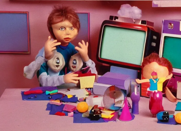 Image similar to a still from a 1 9 8 0 s stop - motion children ’ s tv programme, vhs distortion