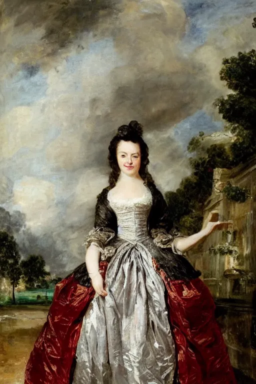 Image similar to 1700s kaya scodelario robe à la française by john constable enlightenment era, gaudy colors, mantua, frontage, petticoat,