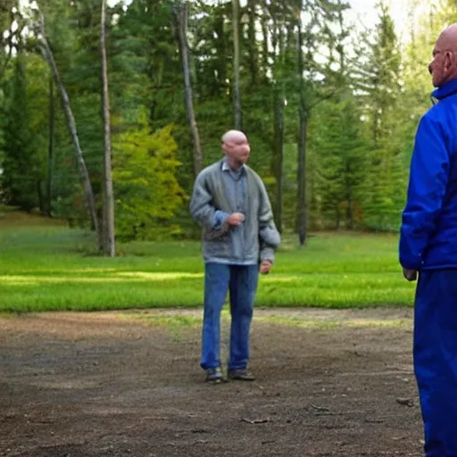 Prompt: walter white talking to a blue jay