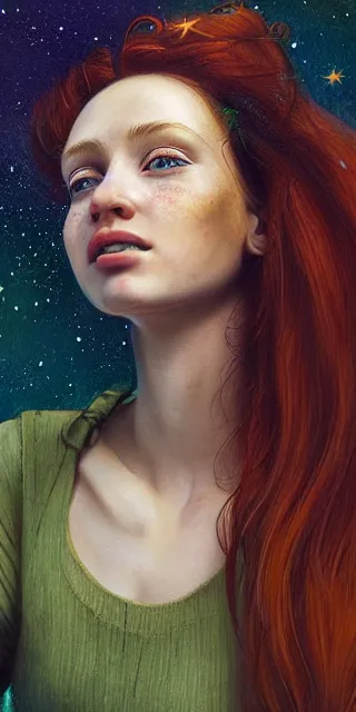 Image similar to an amazed young woman surrounded by golden firefly lights in a mesmerizing scene, sitting amidst nature fully covered, long loose red hair, precise linework, accurate green eyes, small nose with freckles, smooth oval shape face, empathic, bright smile, expressive emotions, hyper realistic ultrafine portrait by artemisia gentileschi, jessica rossier, boris vallejo