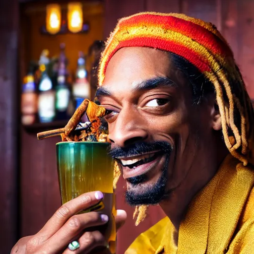 Image similar to a closeup photorealistic photograph of happy blunt smoking snoop dogg at trader vic's bar sitting next to a trader vic's style tiki mug featuring the face of snoop dogg. tiki culture. bright scene. 4 k hd image that's trending on artstation, featured on behance, well rendered, extra crisp, features epic composition and the style of unreal engine.