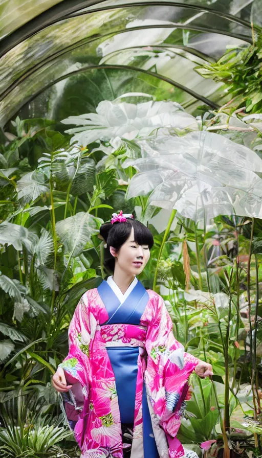 Prompt: photograph of a beautiful Japanese woman wearing a pretty kimono in a tropical greenhouse, by Annie Leibowiz, extremely detailed, 4K, 85mm lens, photorealistic, trending on artstation