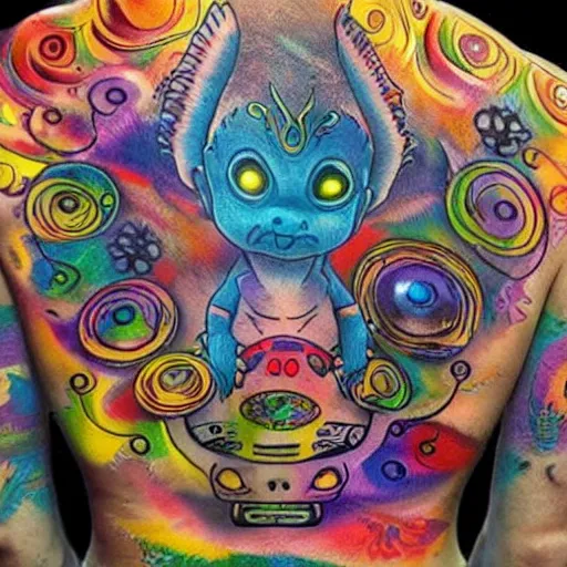 Prompt: shoulder back tattoo of a multicolored cute bush baby with headphones scratching on a dj desk, eyes are colorful spirals, surrounded with colorful magic mushrooms and rainbowcolored marihuana leaves, insanely integrate