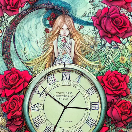 Prompt: Alice in Wonderland,Clock,Rose twining,out of time and space,dreamy, eternity, romantic,highly detailed,in the style of James jean, Miho Hirano, Rebecca guay, night lighting