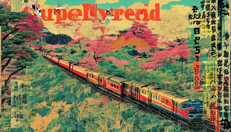 Image similar to Japan rural splendor rail travel and touring c2050, surrealist psychedelic photo-collage painting spot illustration in the style of Newsweek magazine, +81 magazine, muted deep neon color