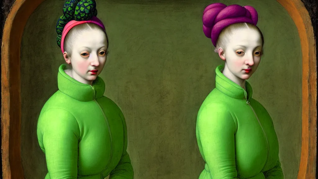 Prompt: portrait of a pale curvy woman with green blue hair buns, wearing a neon green puffer jacket, standing in a botanical garden, intricate details, high detail, in a high renaissance style, in the style of jacopo da pontormo, by mark ryden, punk, asian art,