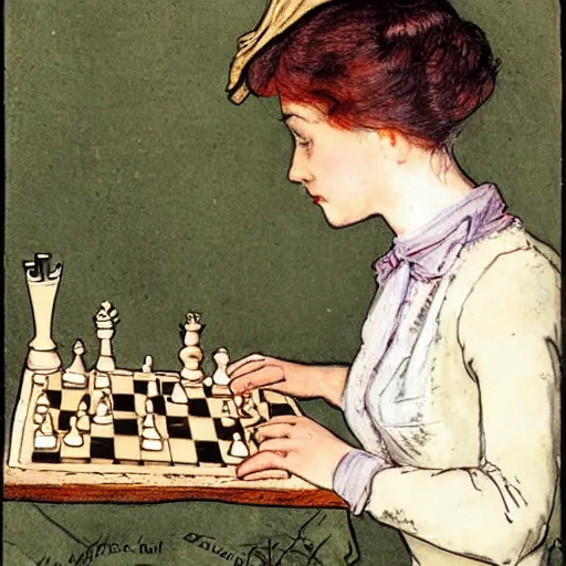 Image similar to a young edwardian woman playing chess against a rabbit, in the style of carl larsson