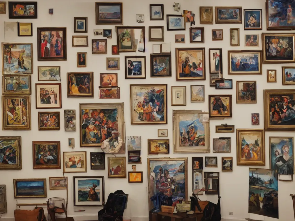 Prompt: a gallery wall filled with paintings depicting a painting of a painting of a painting of a painting of a painting