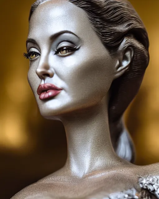 Image similar to highly detailed closeup, face profile portrait of a tin toy angelina jolie as the staue of liberty, bikini, depth of field, nicoletta ceccoli, mark ryden, lostfish, max fleischer, breathtaking, detailed and intricate environment, 8 k resolution, hyperrealistic, octane render