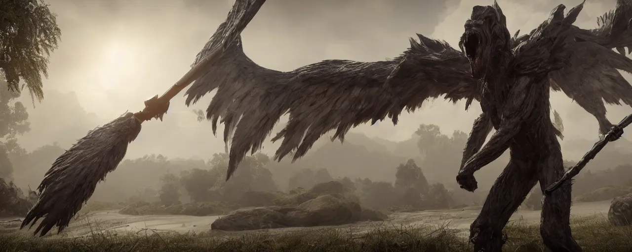 Image similar to cinematography picture of monster with angel wings, no eyes, long jaw, holding a spear, 8k, unreal engine 5, ps5, hyperrealistic, artstation, highly detailed