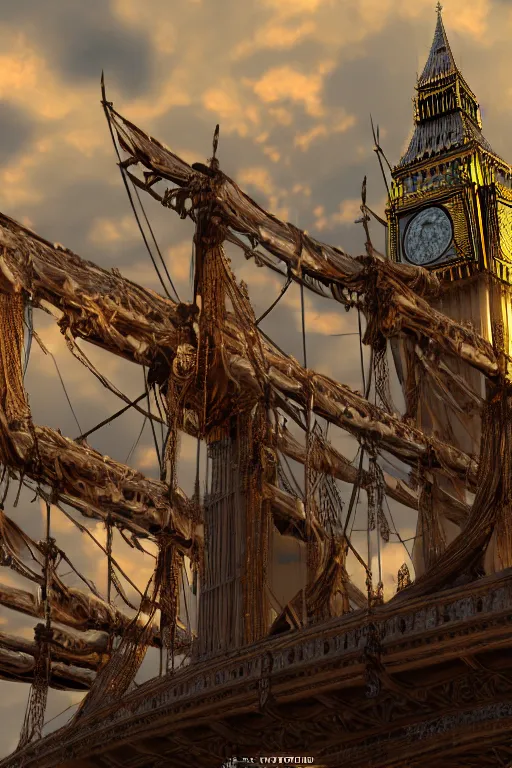 Image similar to photography of a highly detailed ghost pirate ship flying in the sky. big ben, london background. intricate, hyper realism, professional digital art, unreal engine 5, 8 k render, sharp focus, trending on art station.