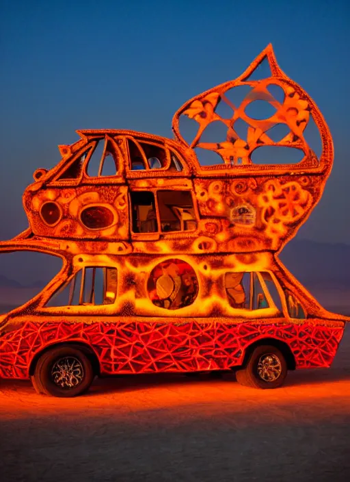 Image similar to burning man art car, sunset, 4 k