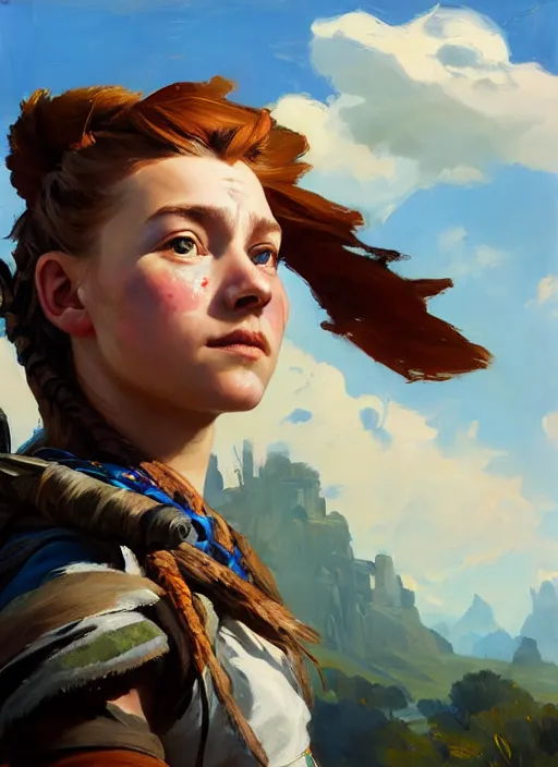 Prompt: portrait of a american Aloy from Horizon Zero Dawn in the style of League of Legends practicing, countryside, calm, fantasy character portrait, dynamic pose, above view, sunny day, thunder clouds in the sky, artwork by Jeremy Lipkin and Giuseppe Dangelico Pino and Michael Garmash and Rob Rey and Huang Guangjian, face by Fernanda Suarez and Greg Manchess, very coherent asymmetrical artwork, sharp edges, perfect face, simple form, 100mm