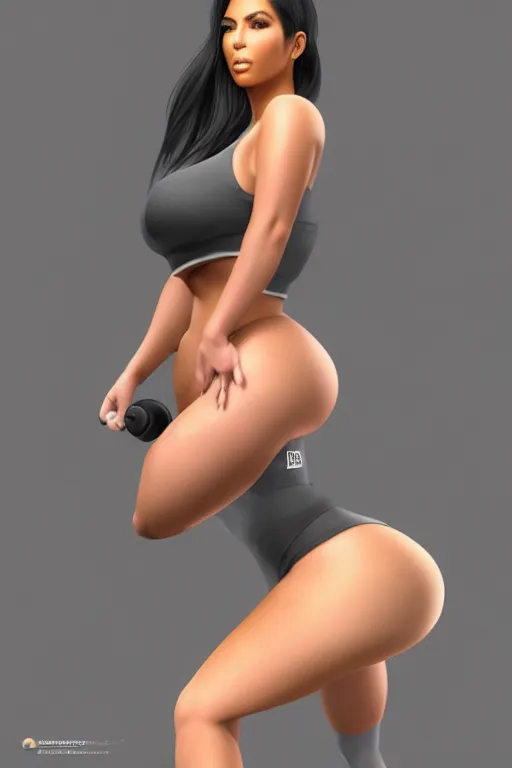 Image similar to photorealistic 3 d render of kim kardashion as an impossibly curvy anime girl wearing a gym outfit, by artgerm and earl norem, featured on pixiv, booru, exaggerated proportions, high resolution digital art, 4 k, beautiful symmetric face, subsurface scattering, volumetric lighting, realistic skin texture, aesthetic!!!!!