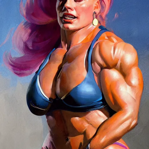 Image similar to greg manchess portrait of margot robbie as thick female bodybuilder zarya from overwatch in disco elysium, 6 7 4, epic grimdark, fantasy, medium shot, asymmetrical, profile picture, organic painting, sunny day, matte painting, bold shapes, hard edges, street art, trending on artstation, by huang guangjian and gil elvgren and sachin teng