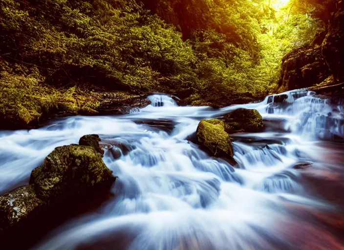 Image similar to a 2 8 mm macro photo of a flowing river and waterfalls in a huge canyon, splash art, movie still, bokeh, canon 5 0 mm, cinematic lighting, dramatic, film, photography, golden hour, depth of field, award - winning, anamorphic lens flare, 8 k, hyper detailed, 3 5 mm film grain, hazy