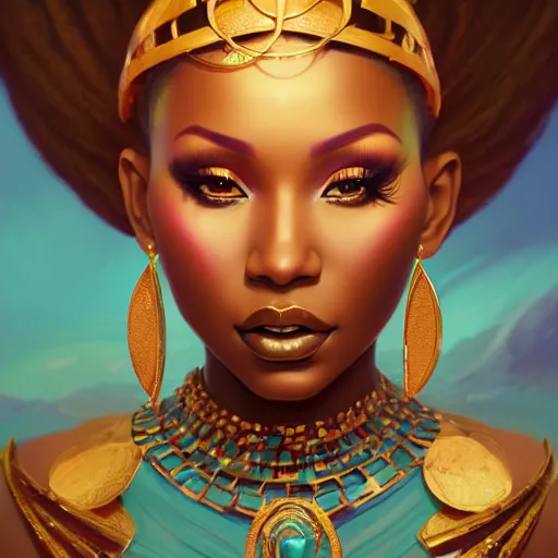 Image similar to portrait of nicki minaj, dark skin, gold jewelry, african princess, art by pete mohrbacher and guweiz and ilya kuvshinov, digital art, highly detailed, intricate, sharp focus, trending on artstation hq, deviantart, unreal engine 5, 4 k uhd image