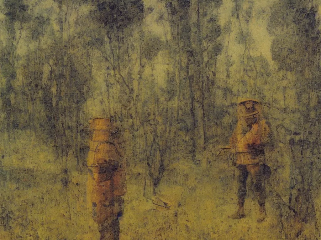 Prompt: painting by mikalojus konstantinas ciurlionis, bosch. portrait of a man in beekeeping suit. landscape with castle