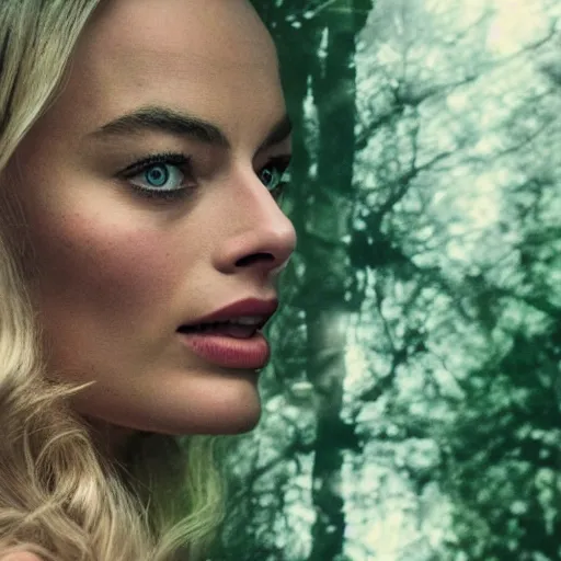 Image similar to margot robbie and nature, double exposure effect, highly detailed