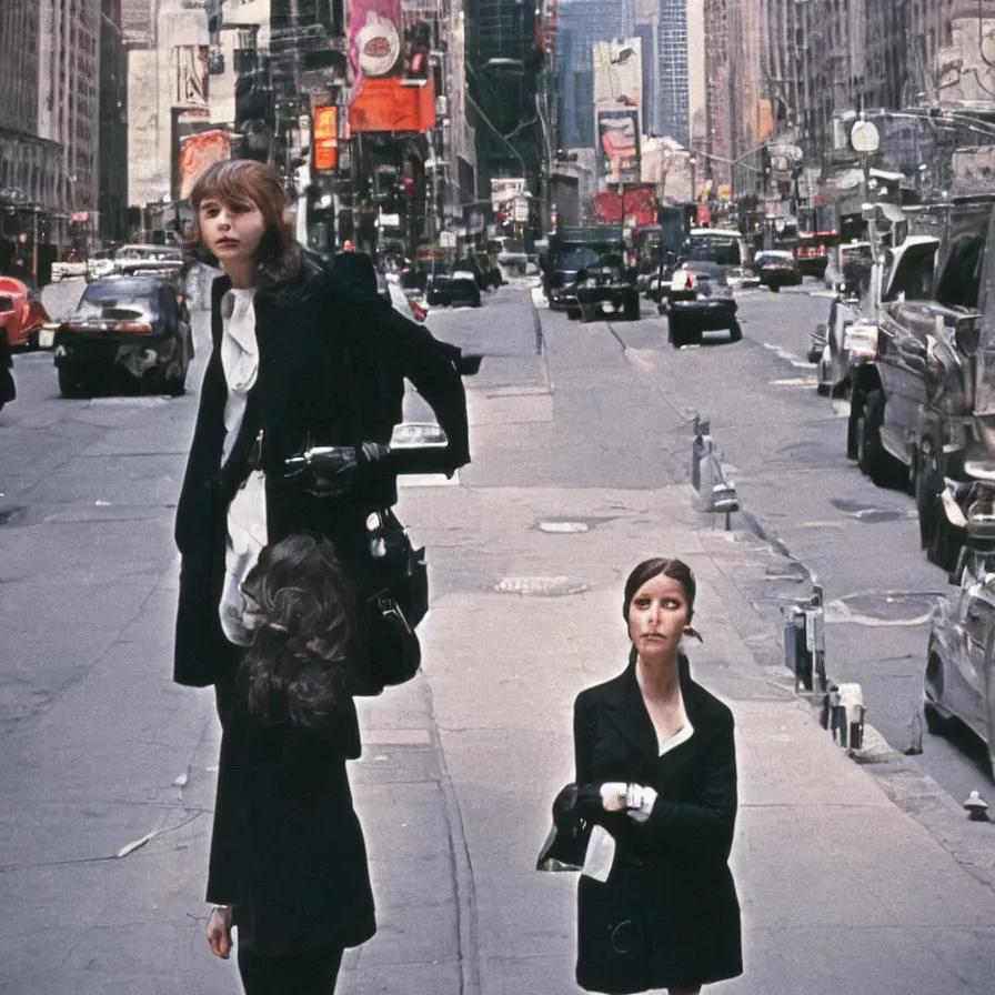 Image similar to portrait of a woman in a suit in the streets of new york, 1 9 6 0 s, colour film street photography, photo taken with ektachrome, featured on flickr, photographed on damaged film