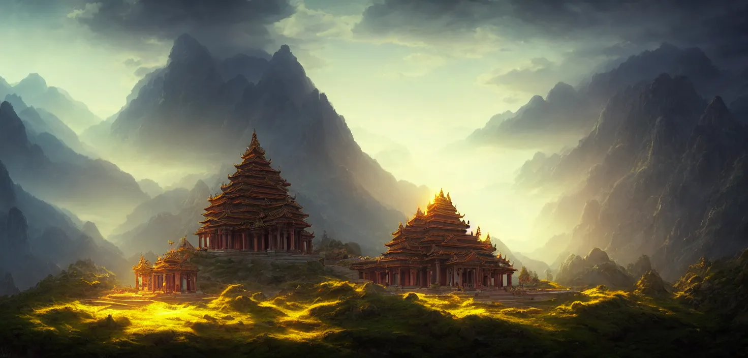 Prompt: large amazing temple inside the mountains glows with light panoramic landscape, cinematic view, epic sky, detailed, concept art, low angle, high detail, warm lighting, volumetric, godrays, vivid, beautiful, trending on artstation, by jordan grimmer, huge scene, grass, art greg rutkowski