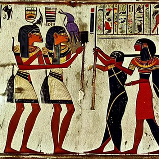 Prompt: An ancient Egyptian painting depicting an argument over whose turn it is to take out the trash