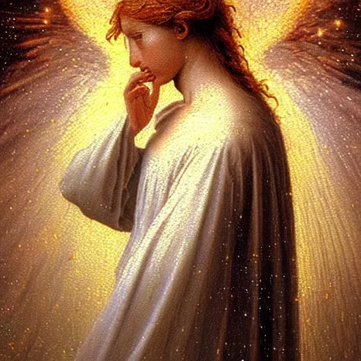 Image similar to renaissance hyper realistic painting of white angel!!! beautiful face, no gender!!!, miracle light coming overhead!!, a lot of stars overhead!!!, fire around the head!, by caspar david friedrich, misty space, sfumato, christianity, holography, glow effect, large strokes, soft shadow and light, highdetailed, white background