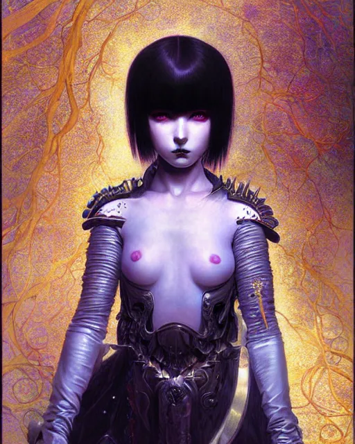 Image similar to portrait of beautiful cute young goth maiden girl with short white hairs in warhammer armor, art by ( ( ( kuvshinov ilya ) ) ) and wayne barlowe and gustav klimt and artgerm and wlop