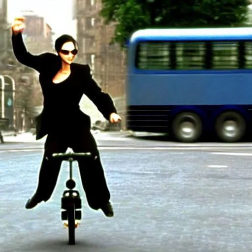 Image similar to neo from the matrix jumping the worlds smallest bicycle over a bus