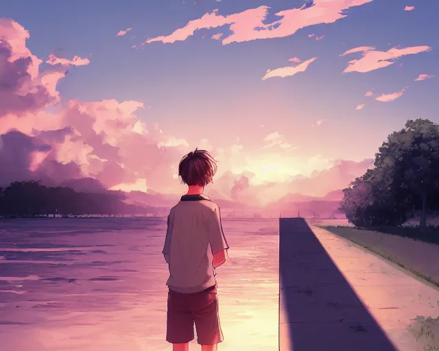 Image similar to teen looking at the sunset, wearing white collared shirt, back turned, looking up, illustration, by pine ( ハイネ ) and 薯 子 imoko and 香 川 悠 作 and wlop and maya takamura, highly detailed, trending artstation, pixiv, digital art