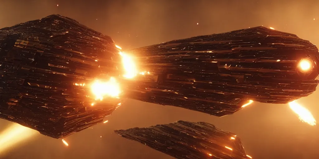 Prompt: exploding cubic spaceships from the movie dune, 2 0 2 1 cinematic 4 k framegrab, intricate abstract spaceship floating, spaceship with straight edges, cubes polygons and greeble, lots of explosions all over the spaceships