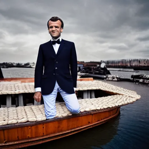 Image similar to Emmanuel Macron on a steamboat, dressed like 1912 ship captain, 50mm photography, high quality, 4K