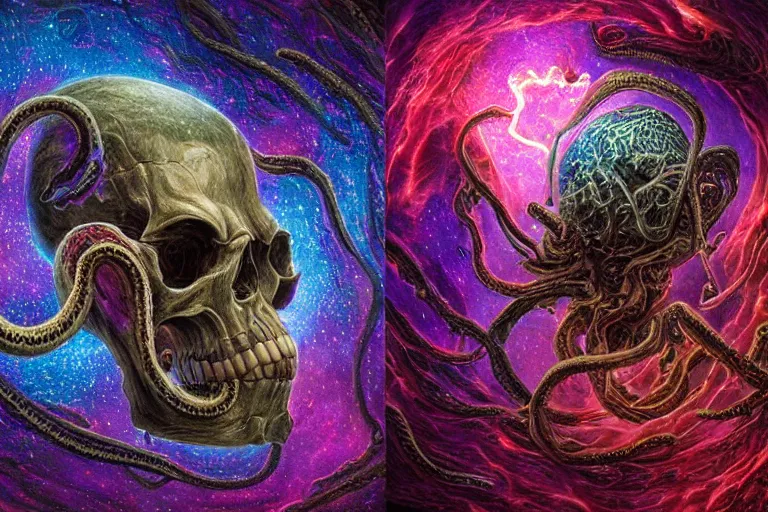 Image similar to a giant skull and flesh creature with deep and intricate rune carvings and twisting lovecraftian tentacles emerging from a space nebula by dan mumford, twirling smoke trails, a twisting vortex of dying galaxies, collapsing stars, digital art, photorealistic, vivid colors, highly detailed, intricate