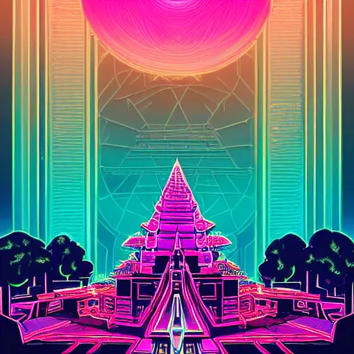 Image similar to mystical psychedelic poster with shaded lighting in the style of andriod jones and arjun brooklyn, radiant light, detailed and complex environment, beautiful, peaceful, utopic astral city in the sky with many buildings and temples reflecting a modern city on the ground with old growth pine trees, overlaid sacred geometry, with implied lines, gradient of hot pink and neon baby blue