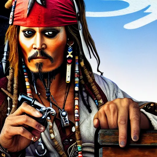 Image similar to jack sparrow drinks rum from bottle at the deck of pirate ship, focus, 3 d illustration, sharp, intricate, poster,, photo, detailed photo, scene from pirates of caribbean