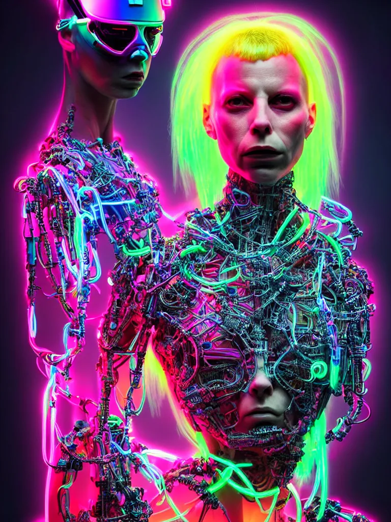 Prompt: Portrait of Yolandi Visser wearing epic bionic cyborg implants of different vibrant colors, using cyber VR glasses with neon display, detailed intricate ornate cables connected to head, by Dan Mumford and Naoto Hattori, extremely beautiful and proportionate face, in the aesthetic of mert and marcus, masterpiece, intricate, elegant futuristic wardrobe, highly detailed, digital painting, Matrix Theme, artstation, concept art, crepuscular rays, smooth, sharp focus, illustration, background made from fractals of vibrant universe stars, cyberpunk colors, volumetric lighting, art by artgerm and james jean and Nick Sullo