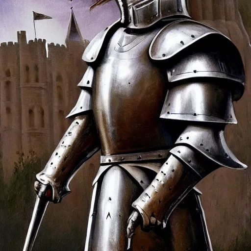 Prompt: full body!!!!!!, knights armor, donald trump, crown, donald trump's face!!!!!, detailed face, painting of a knight, boots, medieval castle background, valiant, by hans thoma