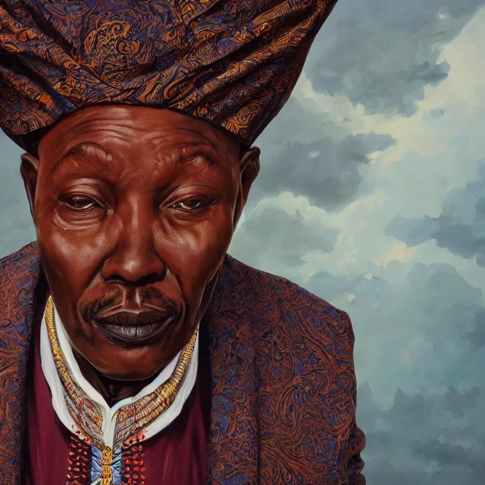 Image similar to a painting of a XXL wise elder from Kenya in a suit by Kehinde Wiley . dramatic angle, ethereal lights, details, smooth, sharp focus, illustration, realistic, cinematic, artstation, award winning, rgb , unreal engine, octane render, cinematic light, macro, depth of field, blur, red light and clouds from the back, highly detailed epic cinematic concept art CG render made in Maya, Blender and Photoshop, octane render, excellent composition, dynamic dramatic cinematic lighting, aesthetic, very inspirational, arthouse.