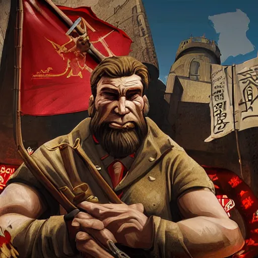 Image similar to ! detailed photorealistic pictures of saint neanderthalensis poster proganda about revolution, he holding red flags, with revolution logo, in the style of bioshock infinite art style and gta chinatown wars art style.