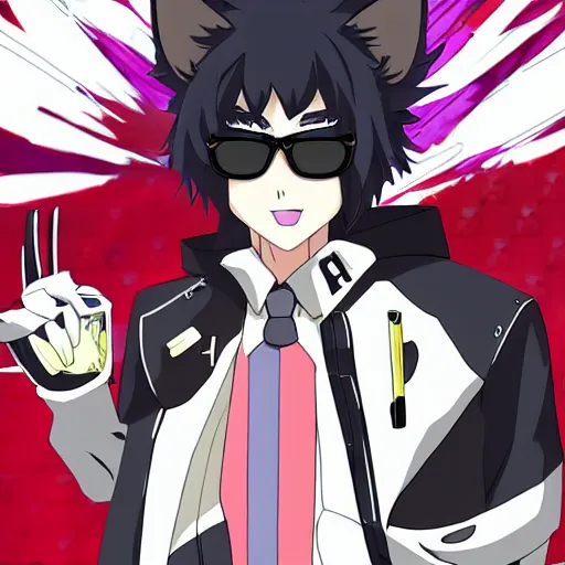 Prompt: modern anime still an anthro male fox furry fursona in a badass outfit, wearing sunglasses, key anime visuals