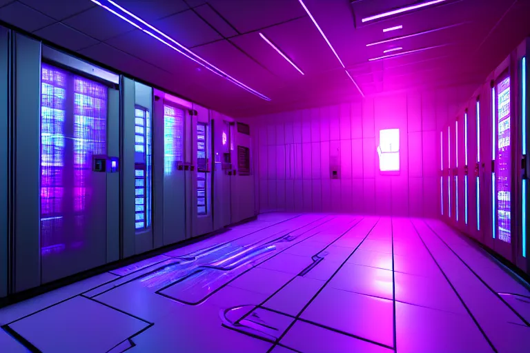 Image similar to realistic robot in a data server room, neon and dark, purple and blue color scheme, by dan mumford, global illumination ray tracing hdr render in unreal engine 5