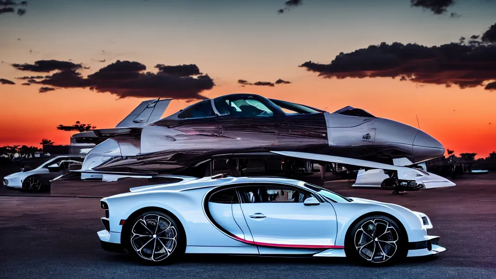 Prompt: synthwave bugatti chiron at sunset